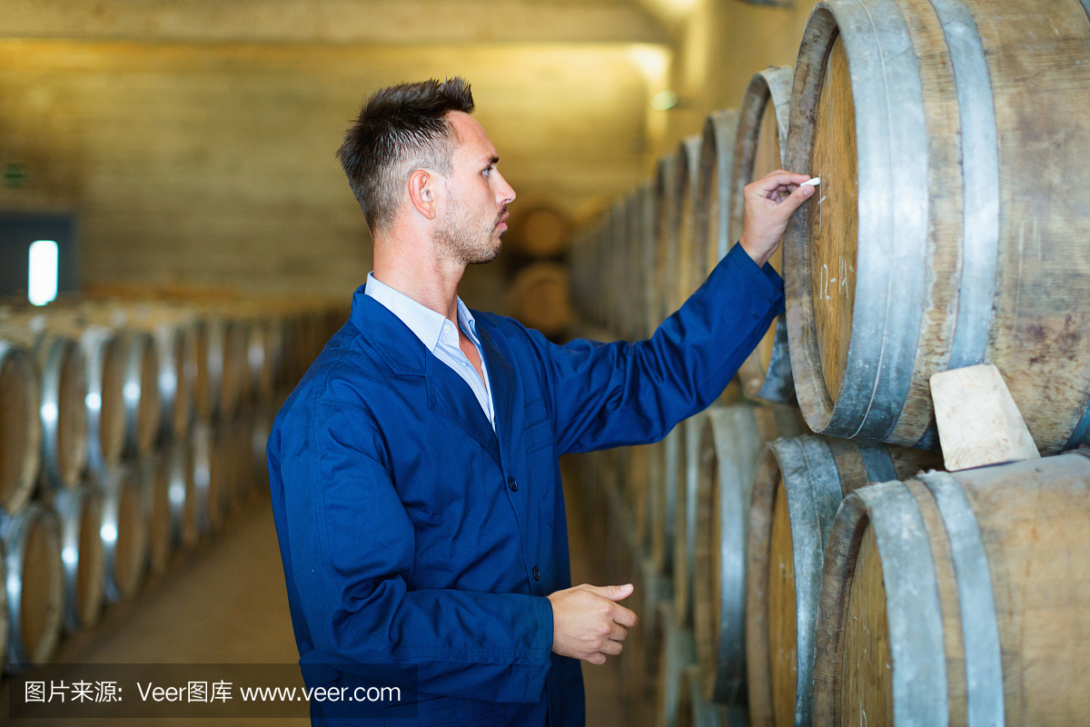 穿外套的年輕人在記錄葡萄酒工廠(chǎng)